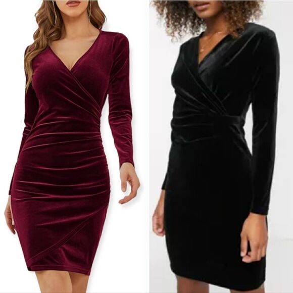 NEW! Velvet Long Sleeve V Neck Ruched Date Night Cocktail Dress - Picture 2 of 7